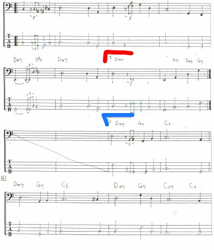 Example of first ending and second ending brackets in a chord chart