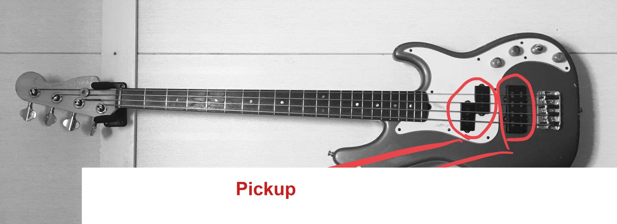 Pickup location on bass body, circled in red